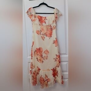 Floral Real Silk Dress Cream and Coral Sleeveless Dress